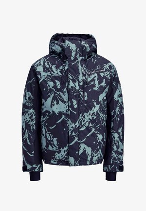 Veste bleu marine avec un motif semblable à de l'eau en teal clair, capuche, fermeture éclair à l'avant et poignets ajustables. Comprend des poches et un détail de logo.
