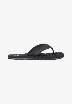 Tongs noires avec une semelle striée, présentant des bandes texturées et une section perforée pour une meilleure respirabilité. Design léger.
