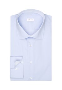 Camicia azzurra chiaro con bottoni, realizzata in tessuto liscio. Presenta un colletto strutturato e una fodera delle maniche con motivo a contrasto. Bottoni bianchi visibili.