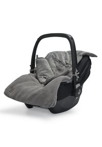 Car seat in black with a plush gray cover, featuring a cushioned headrest and an ergonomic handle. Notable textured fabric and fastening details.