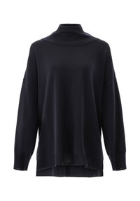 Marineblaues Rollkragensweatshirt mit lockerer Passform, langen Ärmeln und einem leicht verkürzten vorderen Saum, gefertigt aus einem weichen, strukturierten Strickstoff.