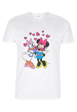 White t-shirt featuring a colorful graphic of two cartoon characters, one in pink and purple and the other in blue and yellow, surrounded by hearts.