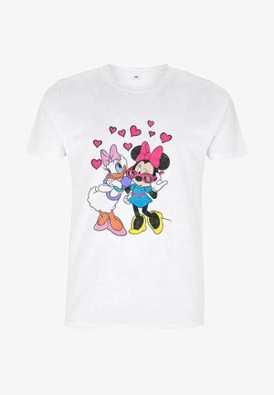 White t-shirt featuring a colorful graphic of two cartoon characters, one in pink and purple and the other in blue and yellow, surrounded by hearts.