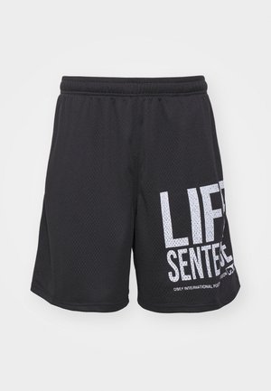 Black athletic shorts made of mesh fabric. Features a white graphic print with the text "LIFE SENTENCE" on the left side.