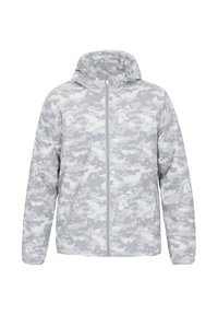 Grå camouflage zip-up jakke med hætte, der har en glat tekstur og er letv�ægts, velegnet til afslappet beklædning eller udendørs aktiviteter.