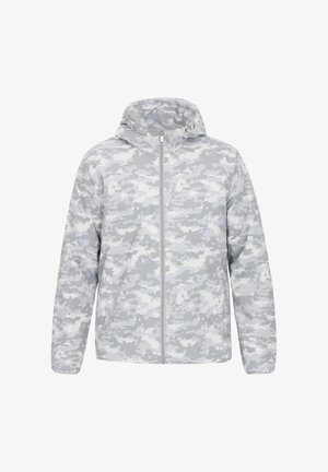 Siva kamuflažna jopica na zadrgo z kapuco, z gladko teksturo in lahko težo, primerna za sproščeno oblačenje ali aktivnosti na prostem.