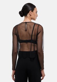 Top en maille noire à manches longues, avec un col rond, une fermeture en forme de clé au dos et une texture transparente, superposé sur une tenue noire unie.