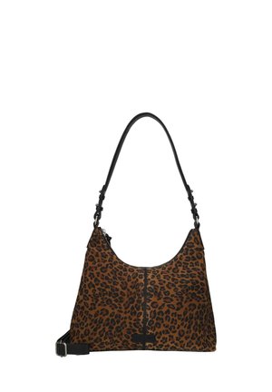 Sac à main imprimé léopard marron et noir avec une seule bandoulière noire et une fermeture éclair sur le dessus.