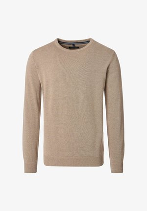 Beige knit sweater with a crew neckline, long sleeves, and ribbed cuffs. Features a textured fabric and side slits at the hem.