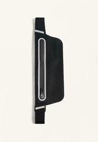 Fekete karpánttáska rugalmas anyagból, cipzáras záródással, fényvisszaverő szegéllyel és állítható pánttal a biztos illeszkedés érdekében.