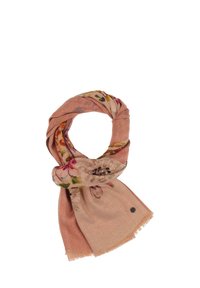 Sciarpa con motivo floreale in morbido tessuto rosa, con bordi frangiati e un accento a logo rotondo. Leggera e testurizzata, con colori vivaci.