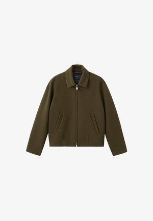 Olive green cropped jacket with a collar, front zip closure, and two side pockets. Made from a smooth, textured material.