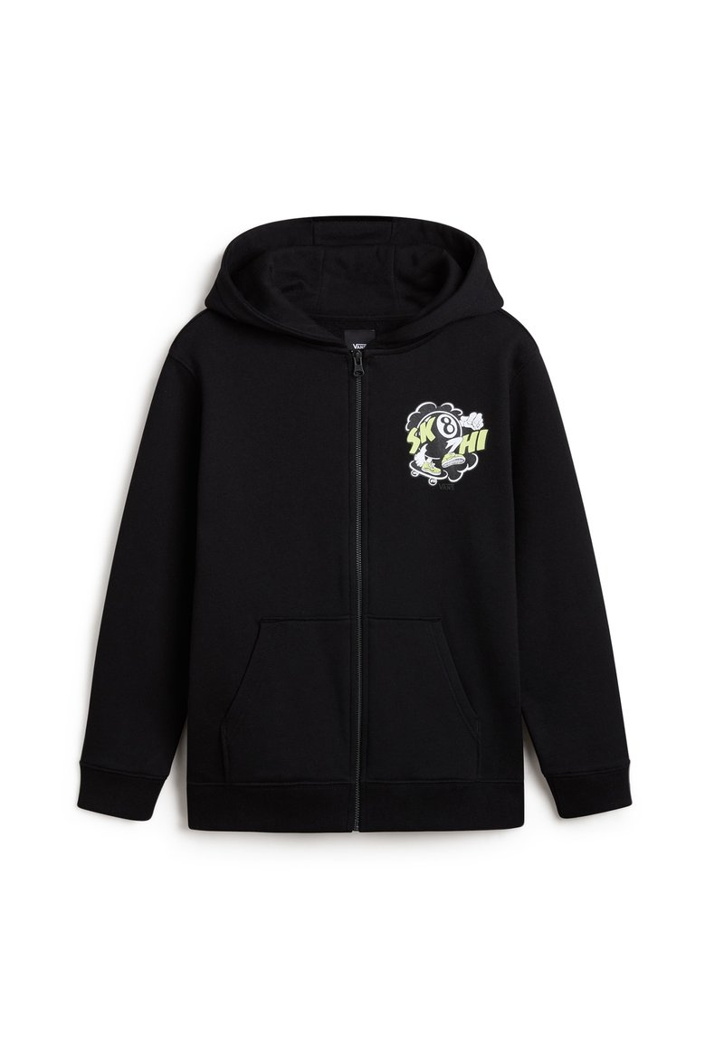 Hoodie zippé noir avec une poche kangourou et un imprimé graphique en vert et blanc sur la poitrine gauche. Fabriqué en tissu doux et texturé.