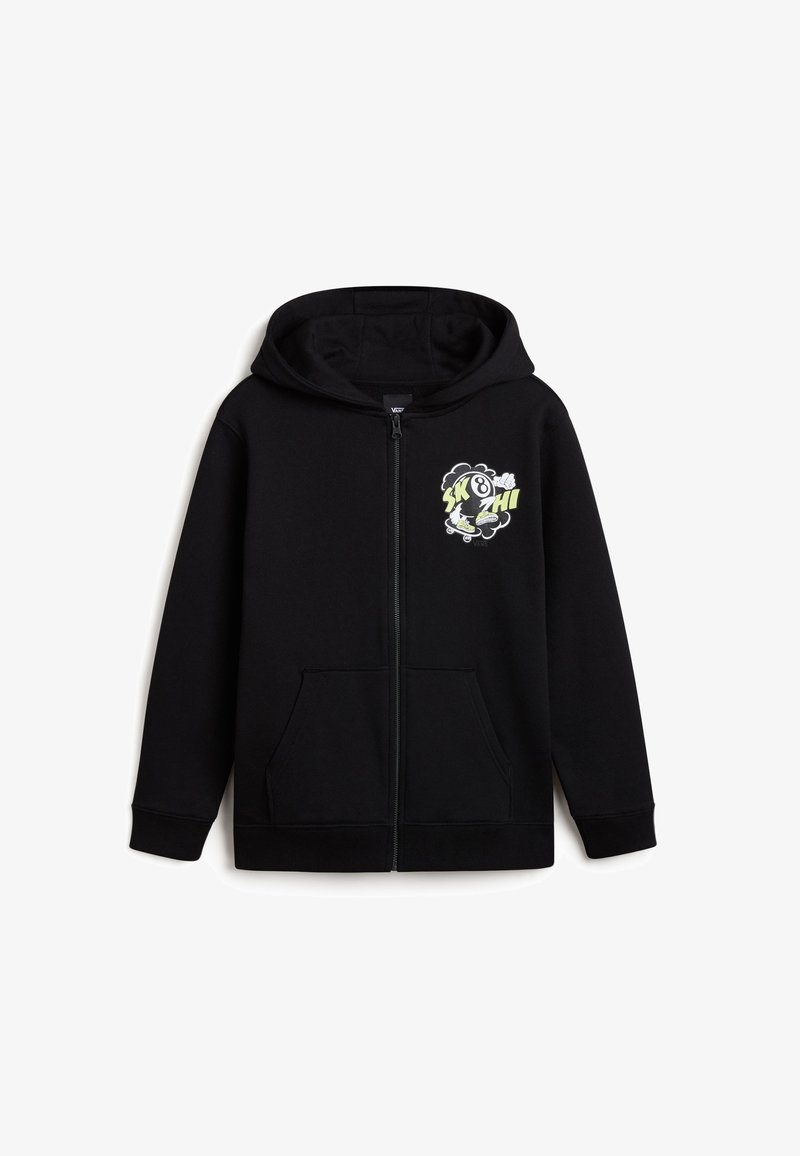 Hoodie zippé noir avec une poche kangourou et un imprimé graphique en vert et blanc sur la poitrine gauche. Fabriqué en tissu doux et texturé.