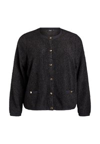 Melnā strukturētā jakā ar apaļu kakla izgriezumu, zelta pogām un divām priekšējām kabatām ar pogu detaļām, garām piedurknēm.