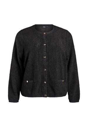 Melnā strukturētā jakā ar apaļu kakla izgriezumu, zelta pogām un divām priekšējām kabatām ar pogu detaļām, garām piedurknēm.