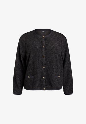 Veste noire texturée à boutons, avec un col rond, des boutons dorés et deux poches avant avec des détails de boutons, manches longues.