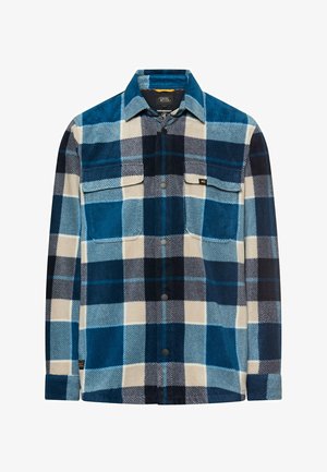 Flanellhemd in Blautönen mit kariertem Muster, mit zwei Brusttaschen und Druckknopfverschluss, gefertigt aus weichem, strukturiertem Stoff.