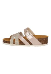 Sandali in pelle rosa chiaro con tre cinturini, di cui uno con dettagli brillanti in argento, suola in sughero e chiusura con fibbia regolabile.