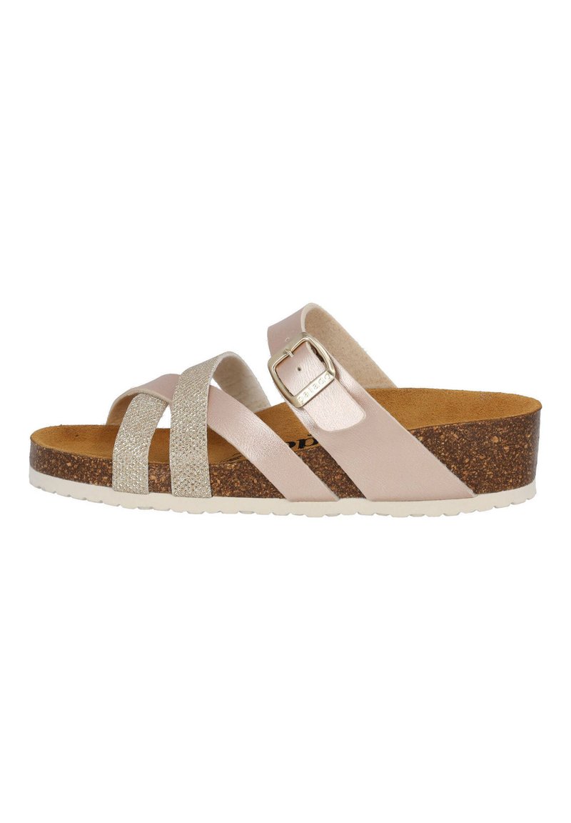 Sandali in pelle rosa chiaro con tre cinturini, di cui uno con dettagli brillanti in argento, suola in sughero e chiusura con fibbia regolabile.