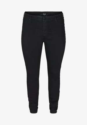 Black skinny jeans made of stretch denim with a smooth texture, featuring a front button closure and five-pocket design.