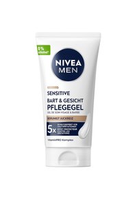 NIVEA Men Sensitive Pflegegel in einer weißen Tube mit blauen und grünen Akzenten, mit deutschem Text über die Beruhigung und den Schutz der Haut.