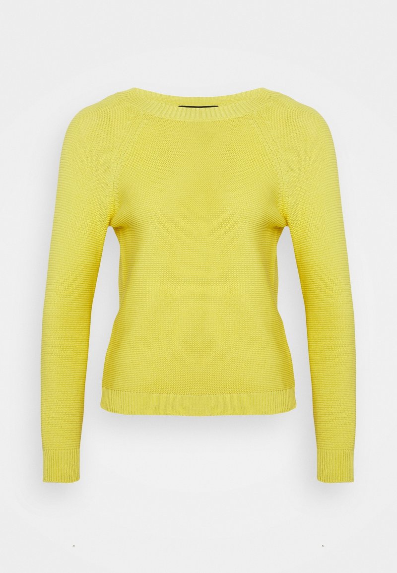 Suéter amarillo de punto con un escote redondo, mangas largas tipo raglán y puños acanalados, que presenta un patrón texturizado en toda la tela.