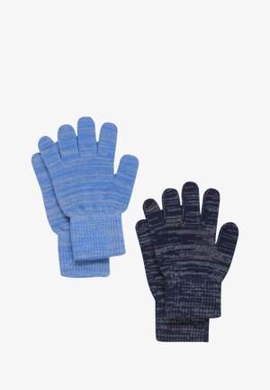 Ensemble de gants tricotés comprenant deux paires. Une paire est bleu clair avec des rayures grises ; l'autre est bleu marine foncé avec des rayures plus claires.