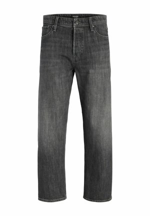 Jean droit en denim noir avec fermeture avant par bouton et zip, passants de ceinture, et design classique à cinq poches.