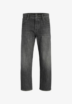 Jean droit en denim noir avec fermeture avant par bouton et zip, passants de ceinture, et design classique à cinq poches.