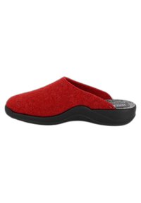 Red felt slip-on shoe with a rounded toe, open back, black rubber sole, and textured insole. Simple design with no visible hardware or patterns.