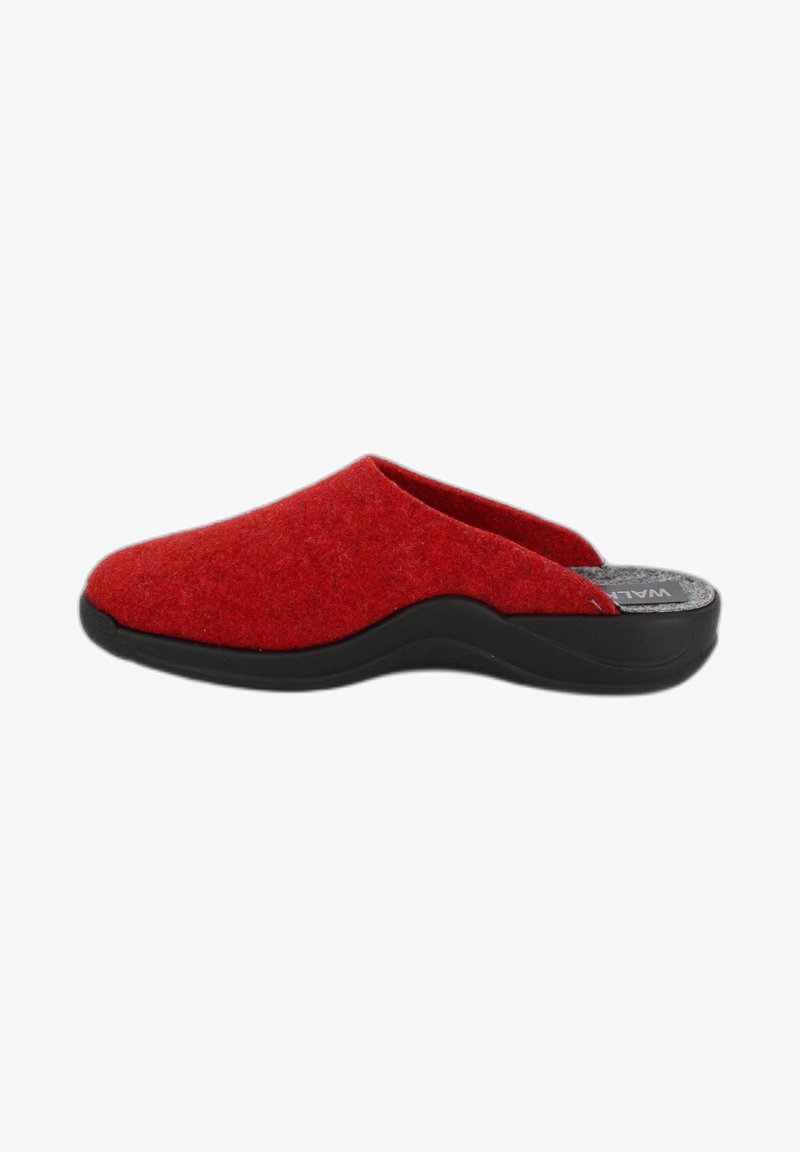 Red felt slip-on shoe with a rounded toe, open back, black rubber sole, and textured insole. Simple design with no visible hardware or patterns.