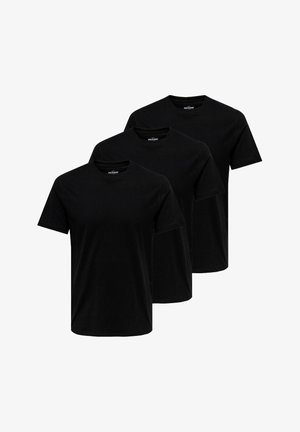 Tre magliette in cotone nere con maniche corte, colli rotondi e un design essenziale. Texture liscia senza motivi o dettagli visibili.