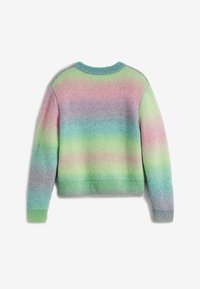 Mehrfarbiger gestreifter Pullover aus weichem Strickstoff. Verfügt über einen abgerundeten Halsausschnitt, gerippte Bündchen und einen Saum. Die Farben umfassen Farbverläufe in Rosa, Grün und Blau.