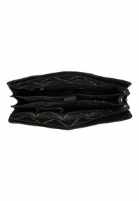 Zwarte gestructureerde handtas met een ritssluiting, voorzien van een gladde buitenkant en binnenzakcompartimenten gevoerd met logopatroonstof.