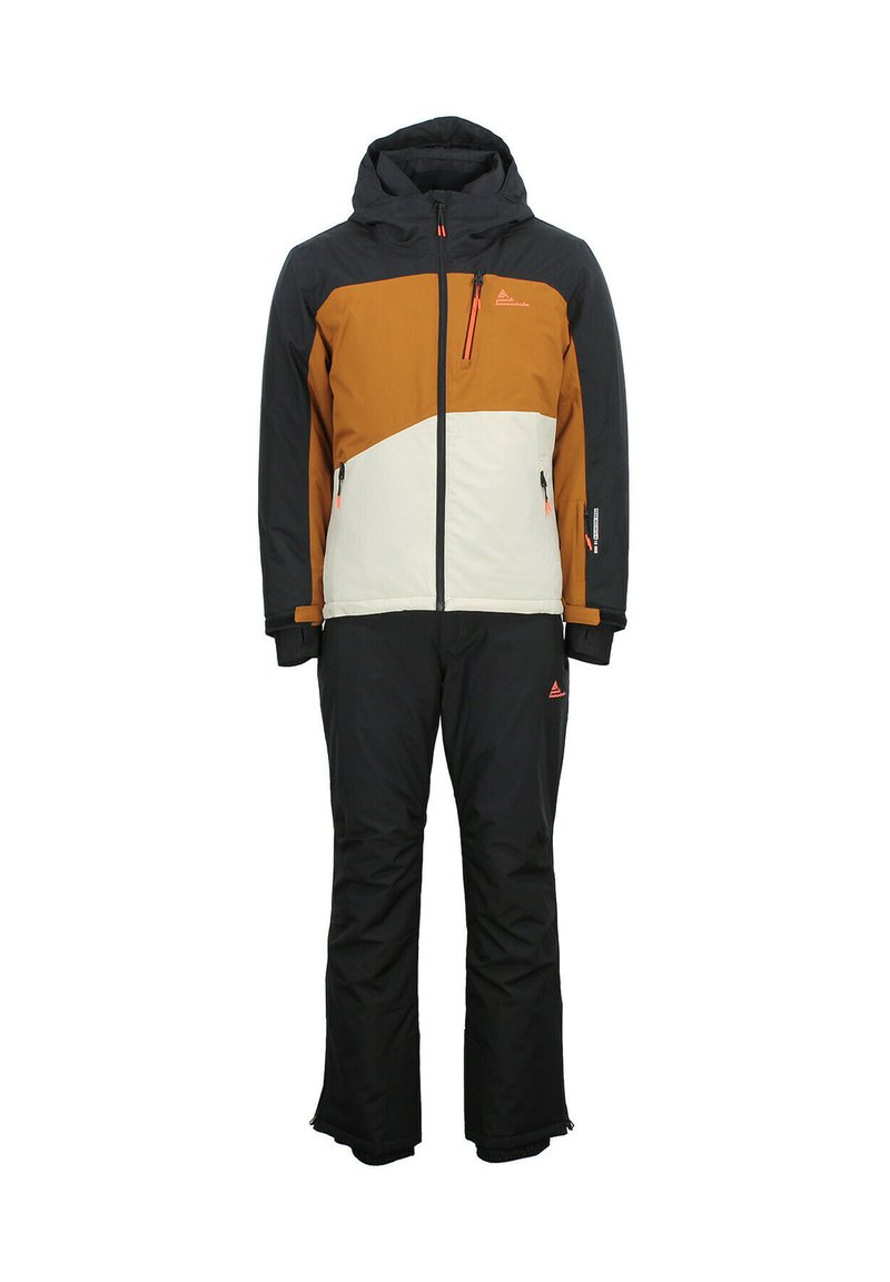 Ensemble de veste et pantalon de ski avec une palette de couleurs noir, brun et blanc. La veste est dotée d'une capuche, de poches zippées et d'accents orange.