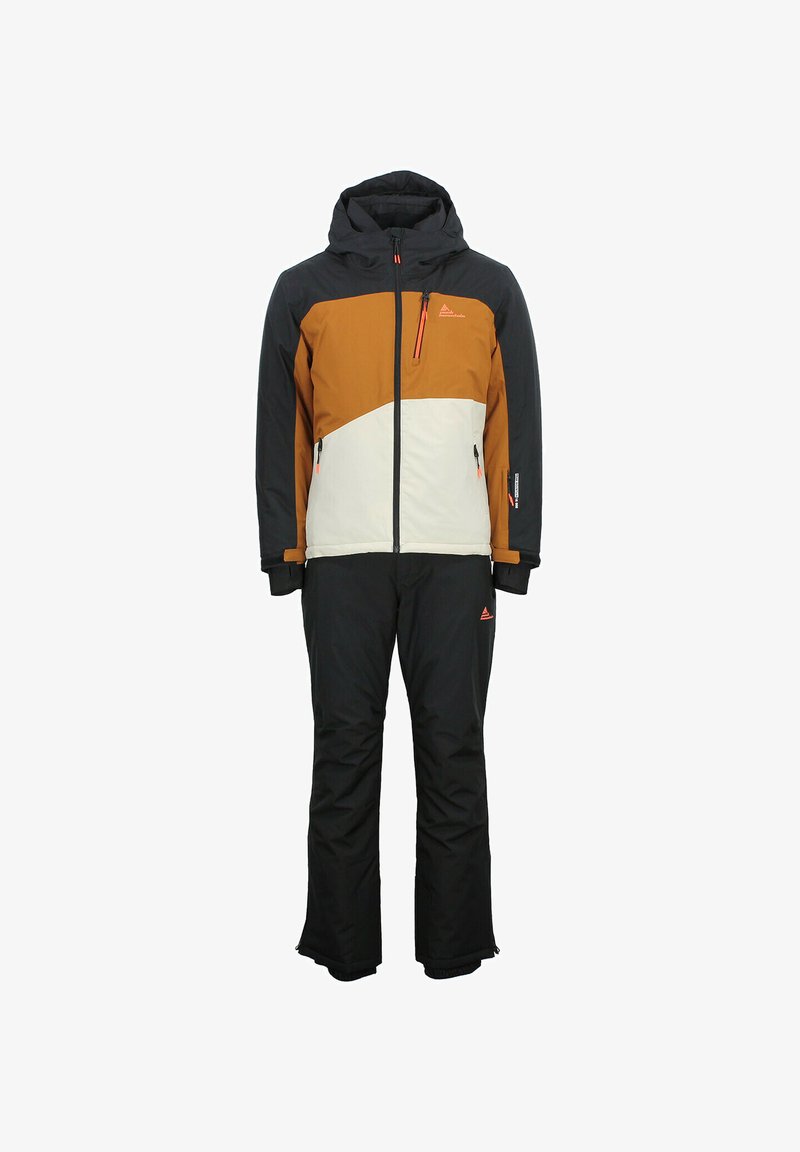 Ensemble de veste et pantalon de ski avec une palette de couleurs noir, brun et blanc. La veste est dotée d'une capuche, de poches zippées et d'accents orange.
