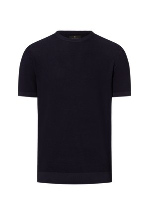 Short-sleeve, round-neck sweater in dark navy, featuring a textured knit pattern with ribbed cuffs and hem for added detail.