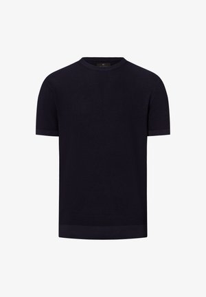 Short-sleeve, round-neck sweater in dark navy, featuring a textured knit pattern with ribbed cuffs and hem for added detail.