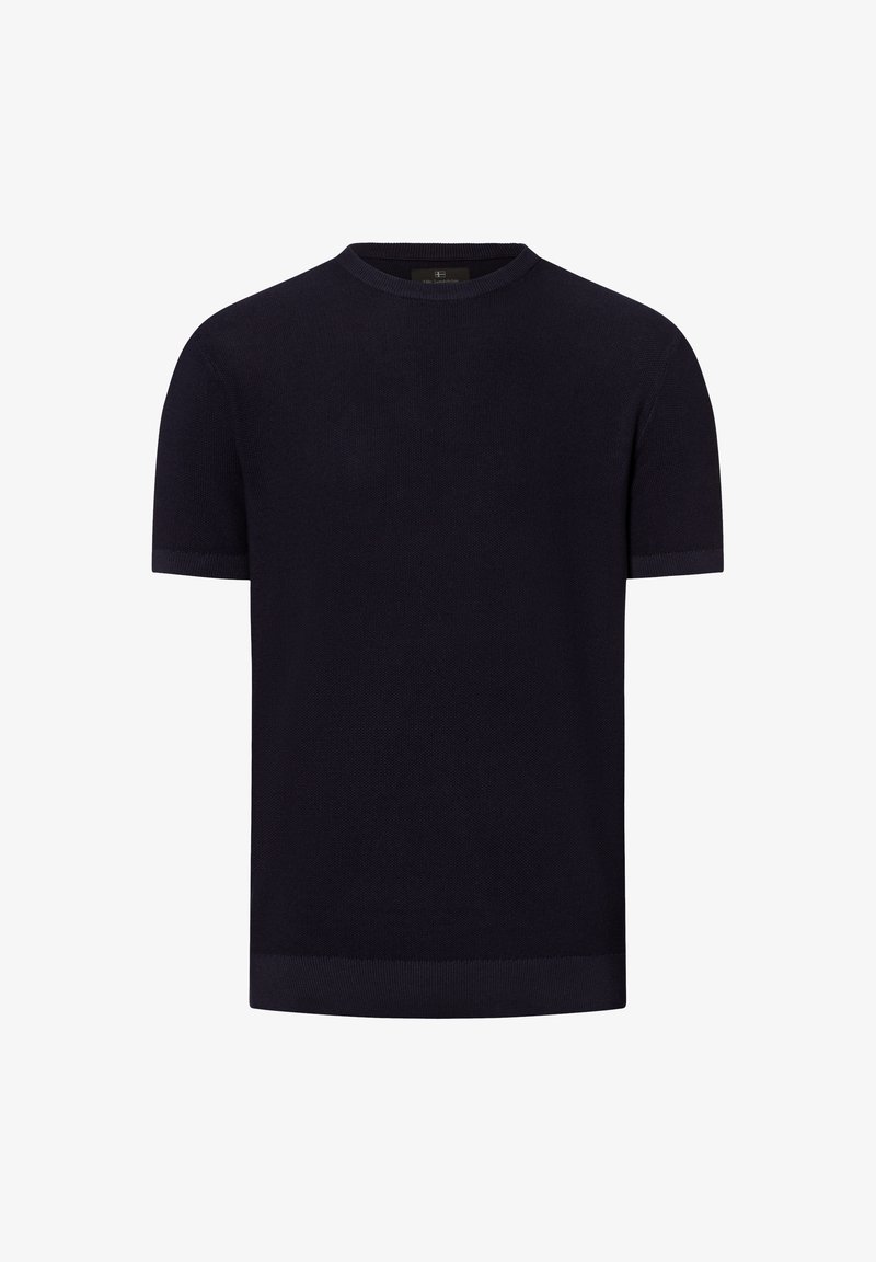 Short-sleeve, round-neck sweater in dark navy, featuring a textured knit pattern with ribbed cuffs and hem for added detail.