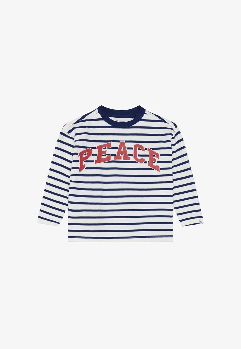 Koszula w paski z długim rękawem w kolorze białym i granatowym z czerwonym napisem "PEACE" na wysokości klatki piersiowej. Materiał bawełniany, okrągły dekolt, luźny krój.
