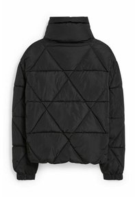 Sort quilted puffer-jakke med høj krave og elastiske manchetter, der viser bagvinduet og diamantformet stikning.