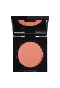 Blush compact with a round peach-colored powder inside. Glossy black case with a transparent top and a simple clasp closure.