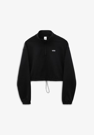 Sudadera corta negra Vans con cremallera de un cuarto, puños elásticos, pequeño logo bordado en el pecho y cordón ajustable en el dobladillo.