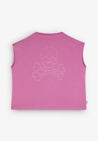 Sleeveless pink crop top made of cotton, featuring a skull and crossbones design in metallic thread on the back. Flat hem and crew neck.