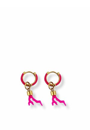 Small gold hoop earrings with bright pink enamel and dangling pink coral-shaped charms.