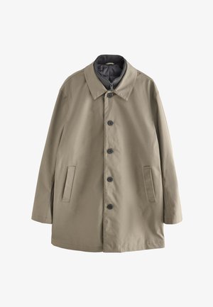 Beezhise tooniga meeste keskpikk mantel nööpidega sulgumisega, kahe küljetasku ja kõrge kaelusega lukuga sisemine vooder.