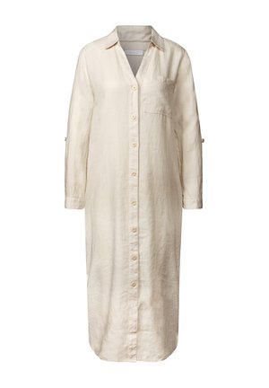 Beiges Leinenhemdkleid mit Kragen, langen Ärmeln mit Aufrolloption, vorderem Knopfverschluss und einer Brusttasche. Glattes, strukturiertes Material.