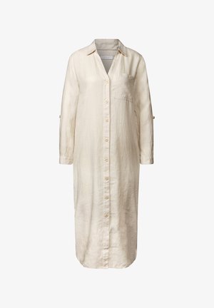 Beige linnedress med krave, lange ærmer med mulighed for opsmøg, frontlukning med knapper og en brystlomme. Glat, tekstureret stof.