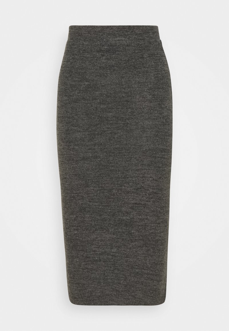 Jupe crayon gris foncé, longueur au genou, avec une taille ajustée et un tissu lisse et texturé.